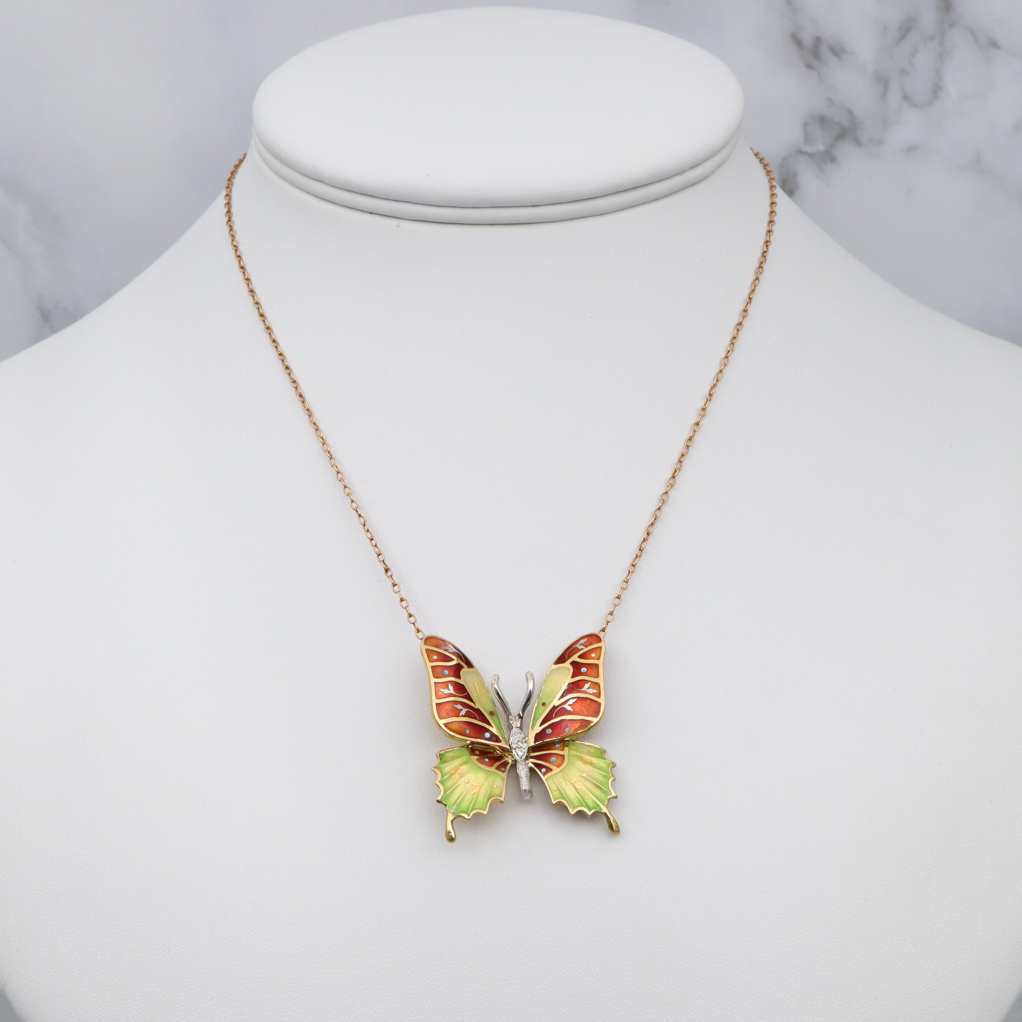 Antique 14k gold enamel & diamond butterfly pendant necklace